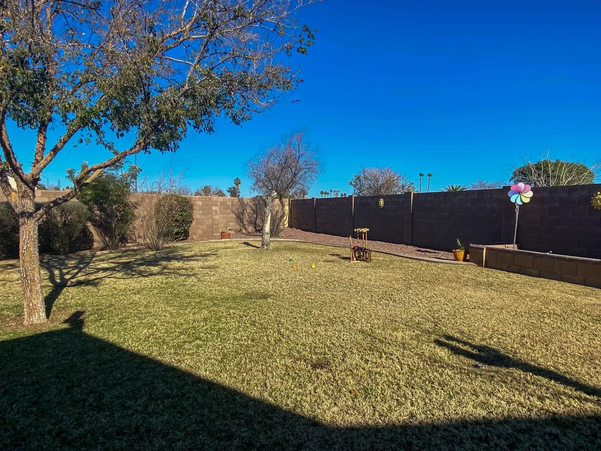 A tranquil exterior view showing a lush green lawn accented by a large tree casting a gentle shadow and a colorful pinwheel spinning in the breeze. The scene suggests plenty of outdoor space, natural light, and a peaceful residential setting.