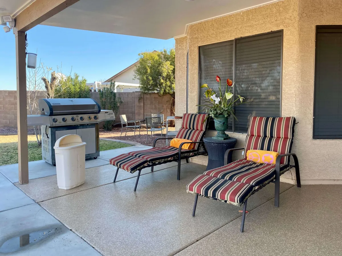 An exterior backyard scene featuring a grill, lounge chairs, and a colorful planter with flowers, set in a relaxed and casual atmosphere. This outdoor space hints at post-event relaxation, group activities, and unwinding under the stars.